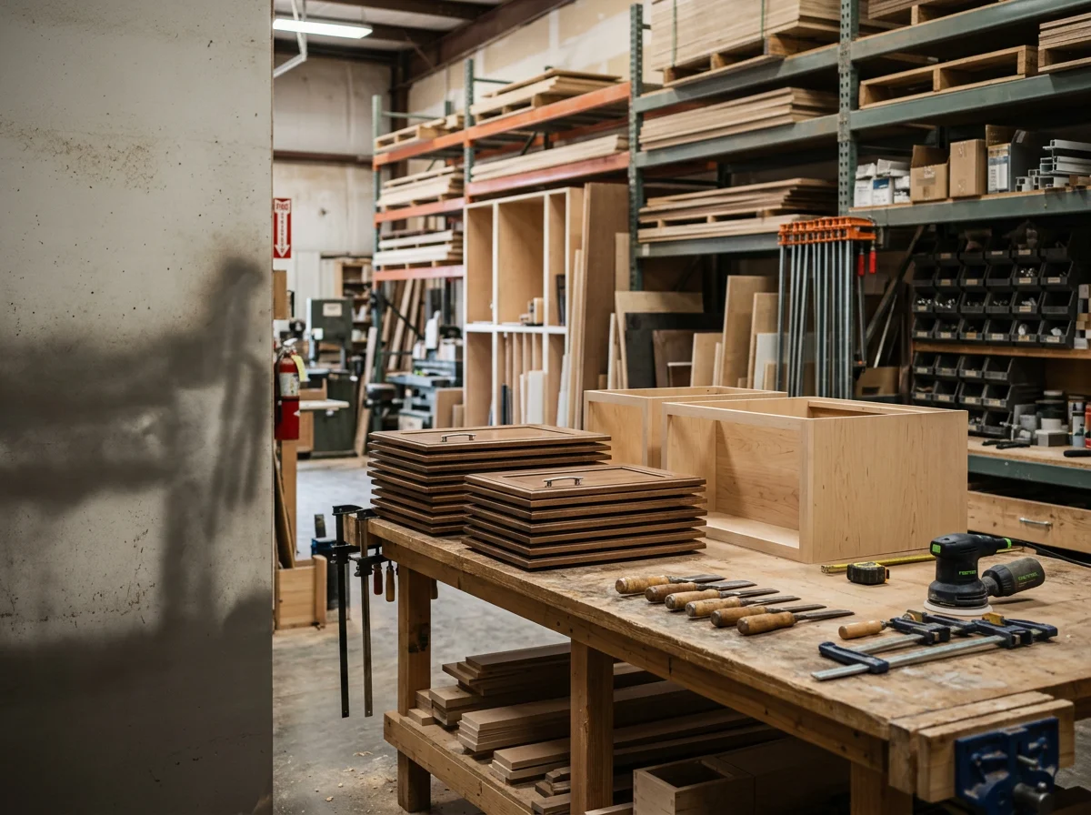 Shop floor with cabinet components, tools, and finished cabinetry ready for installation.