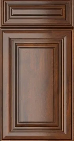 Saddle-stained raised panel cabinet door with nested frame routing and center panel