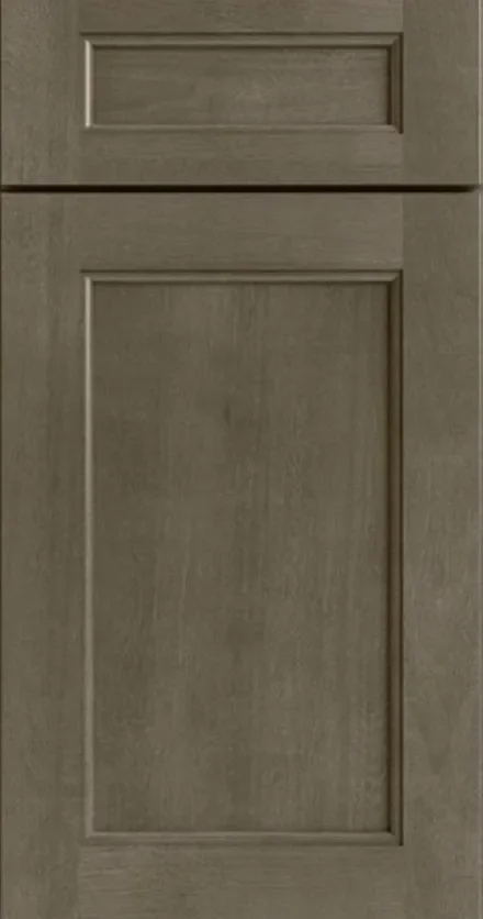 Gray stained raised panel cabinet doors with recessed detailing and horizontal rail