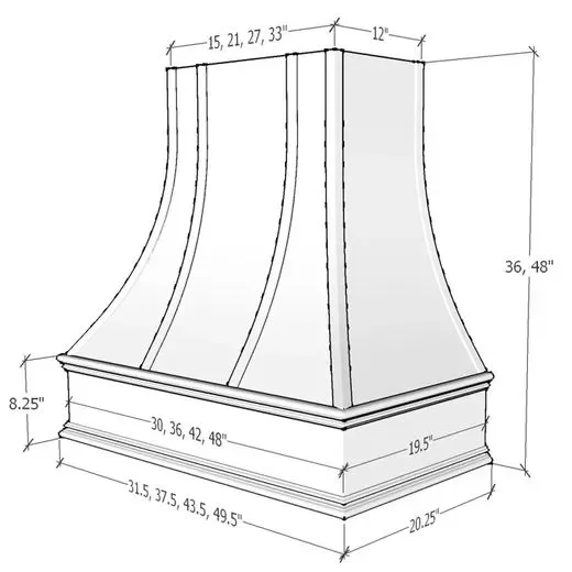 Technical drawing of custom curved range hood cabinet with detailed measurements and panel construction