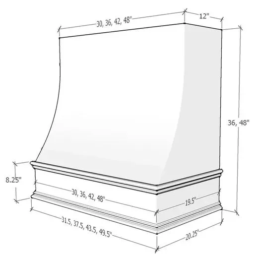 Technical cabinet drawing with curved panels and dimensional specifications