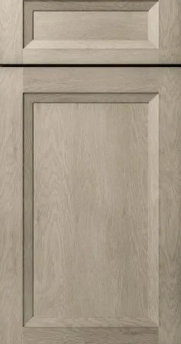 Light gray wood cabinet doors with recessed panel and beveled frame detail