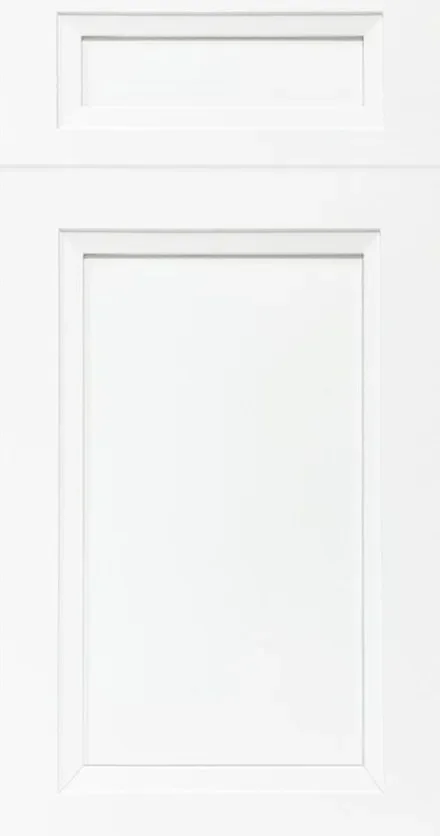White painted shaker cabinet doors with recessed panels and gray trim frame