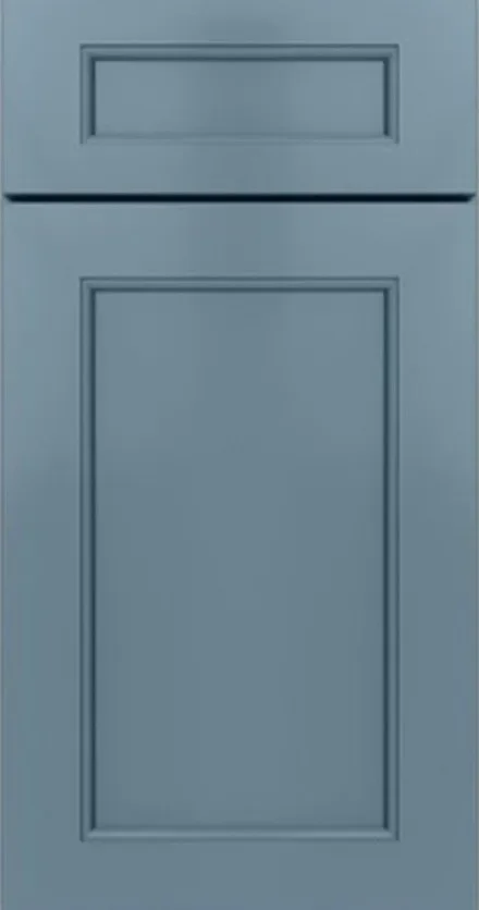 Blue-gray painted cabinet door with recessed panels and horizontal rail divider