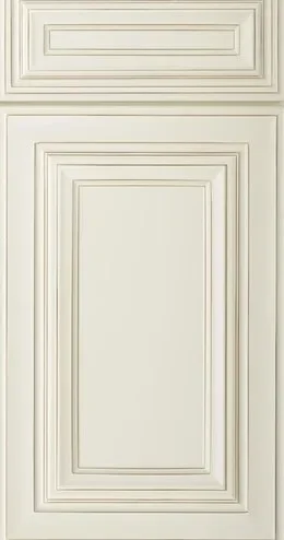 Antique white raised panel cabinet door with nested frame profile and routed edge detail