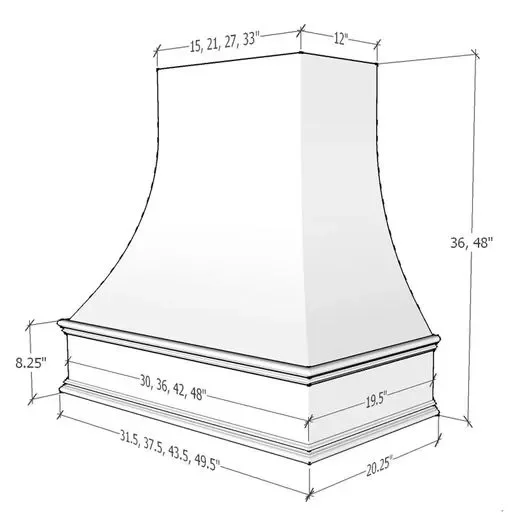 Technical drawing of custom curved range hood cabinet with tapered sides and multiple size options