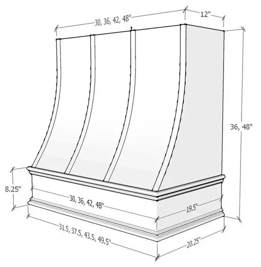 Technical cabinet drawing with curved panels, multiple width and height dimensions, and base specifications