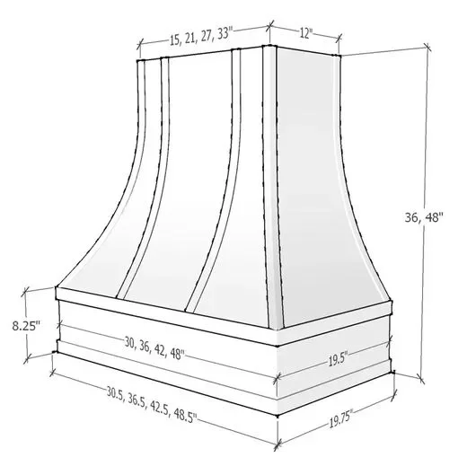 Technical drawing of curved panel range hood cabinet with detailed measurements and specifications