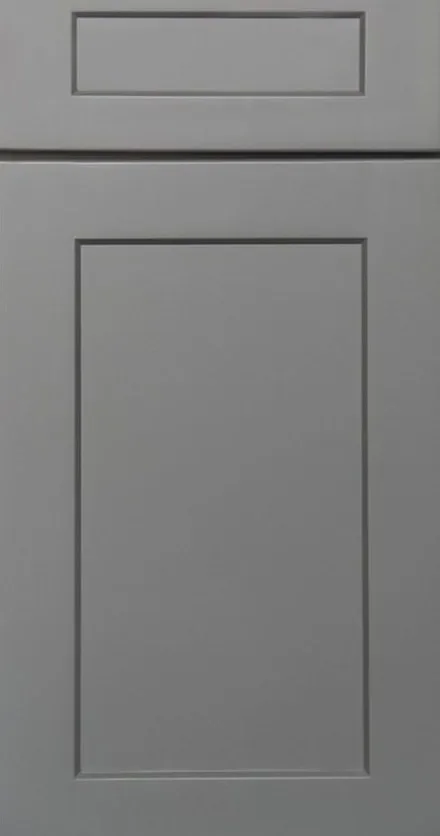 Two-piece cabinet doors with frame-and-panel construction in pebble stone finish