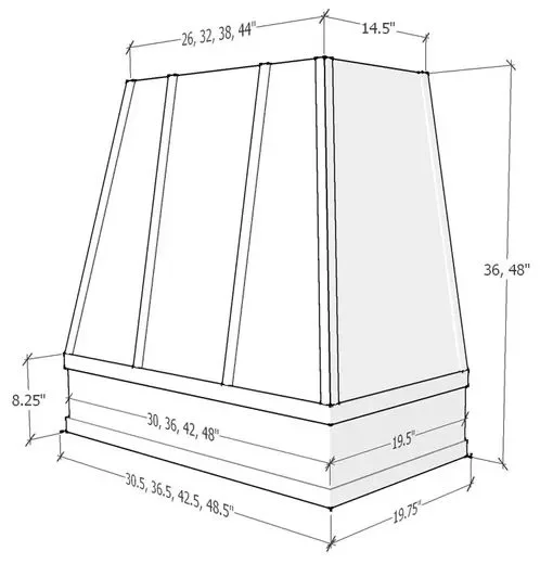 Technical drawing of custom tapered cabinet base with vertical panels and detailed measurements