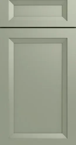 Sage green shaker-style cabinet doors with recessed panels and white interior trim