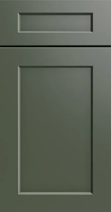 Sage green cabinet doors with recessed panels and beveled frame detailing