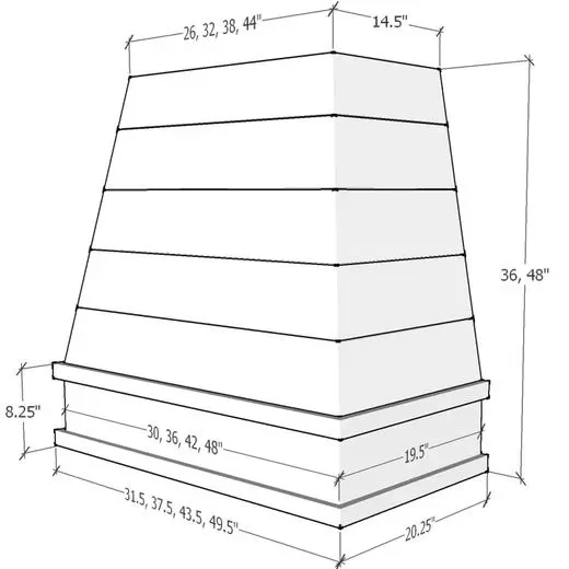 Technical drawing of tapered cabinet base with horizontal shelving and detailed measurements