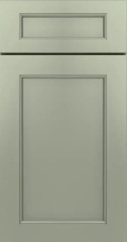 Sage-finished cabinet door with recessed panels and horizontal rail divider