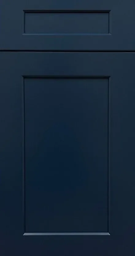 Navy shaker-style cabinet doors with recessed panels and black hardware