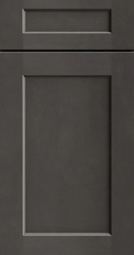 Charcoal gray shaker-style cabinet door with recessed panel and horizontal rail divider