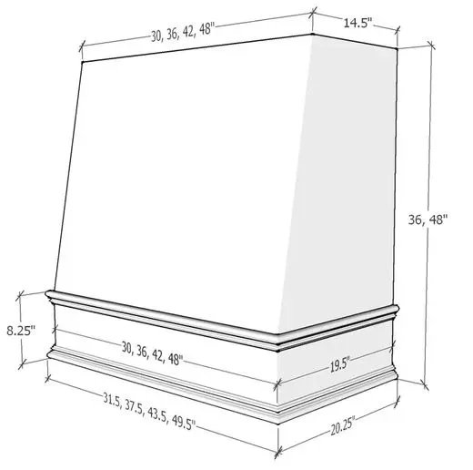 Technical cabinet schematic with dimension annotations for custom cabinetry design