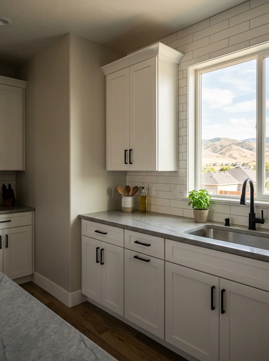 Mid-century Boise Bench kitchen after cabinet replacement, showing new white base and upper cabinets with quartz countertops replacing original 1950s cabinetry.