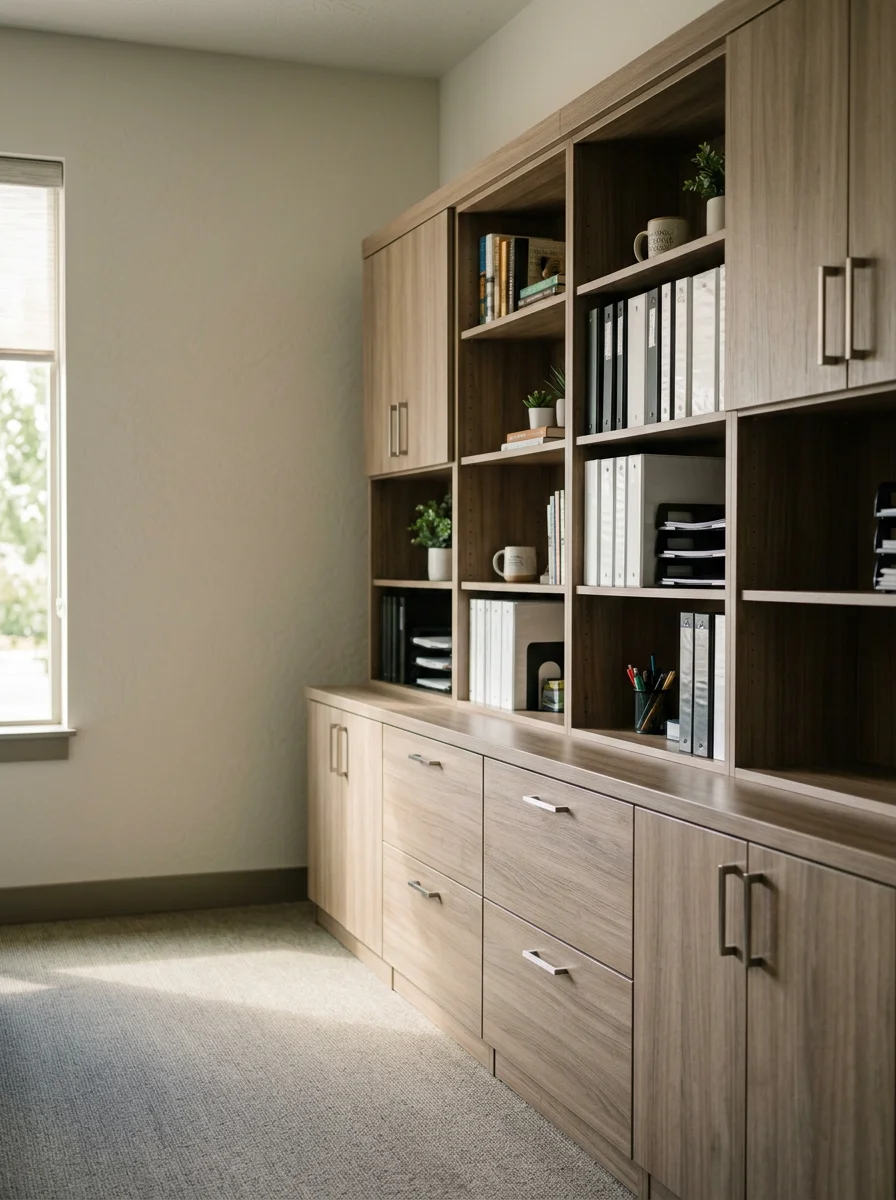Custom commercial cabinetry with laminate finish installed along a full wall in a Caldwell, Idaho office suite, showing adjustable shelving and integrated file storage.