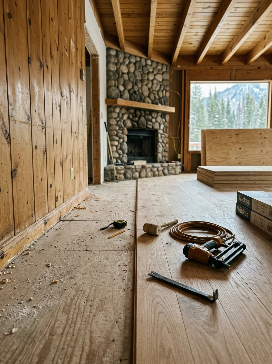 Subfloor preparation and new flooring installation in a Cascade, Idaho residence