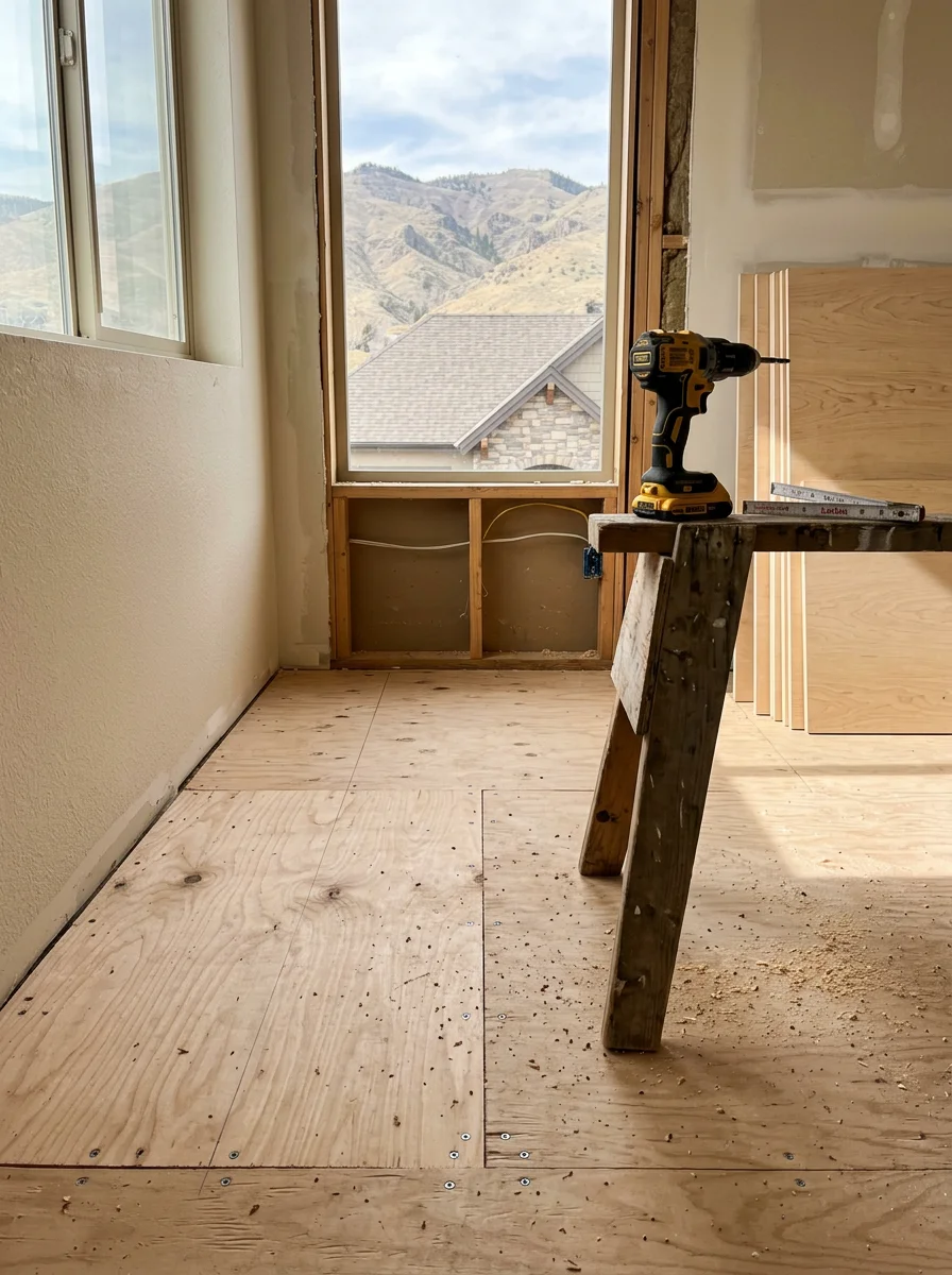Installer preparing a subfloor before new flooring in an Eagle, Idaho bathroom