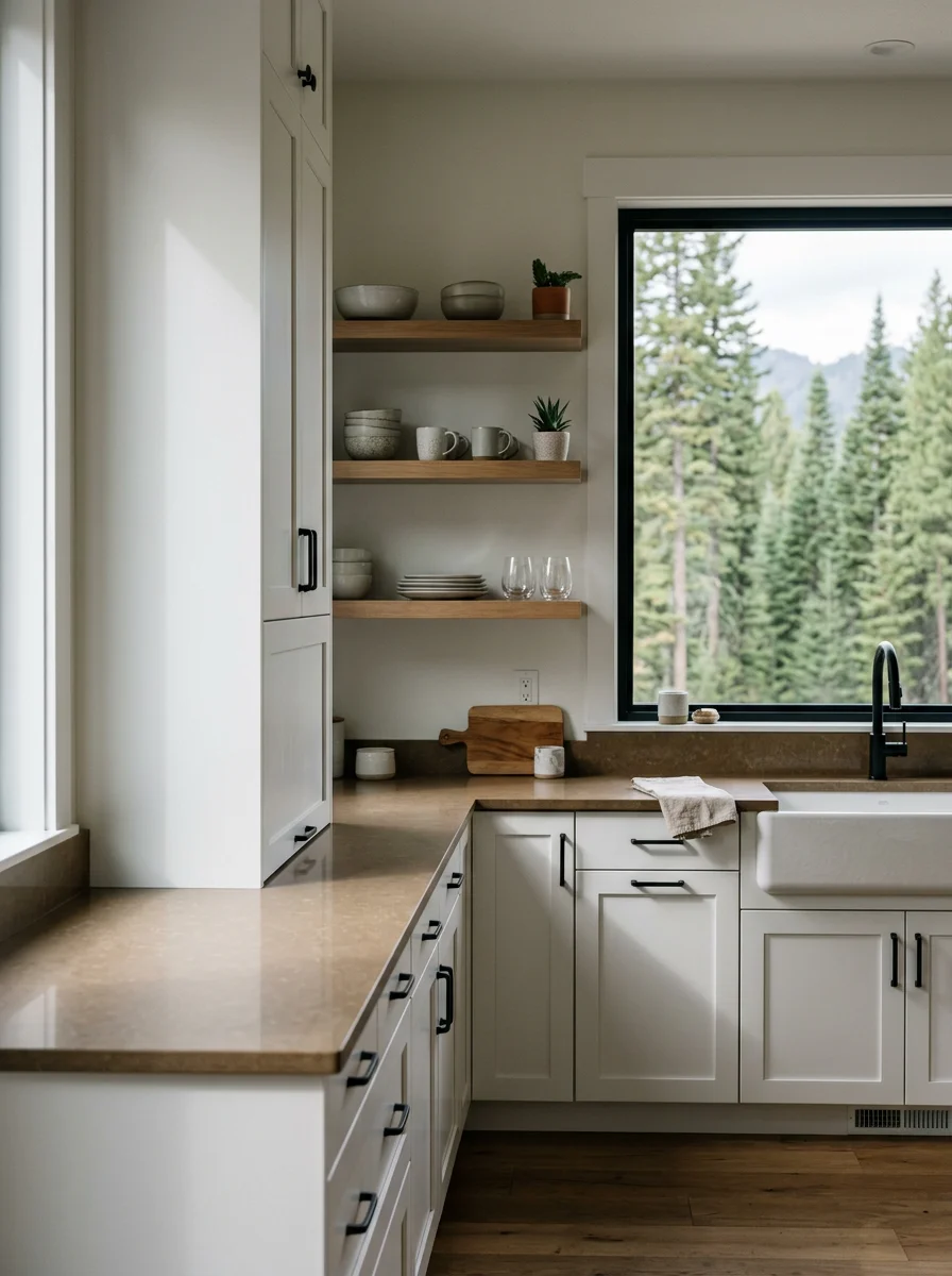 Mountain modern kitchen in a McCall, Idaho custom home showing white shaker cabinets with quartz countertops and open shelving, set against a backdrop of pine forest through large windows.