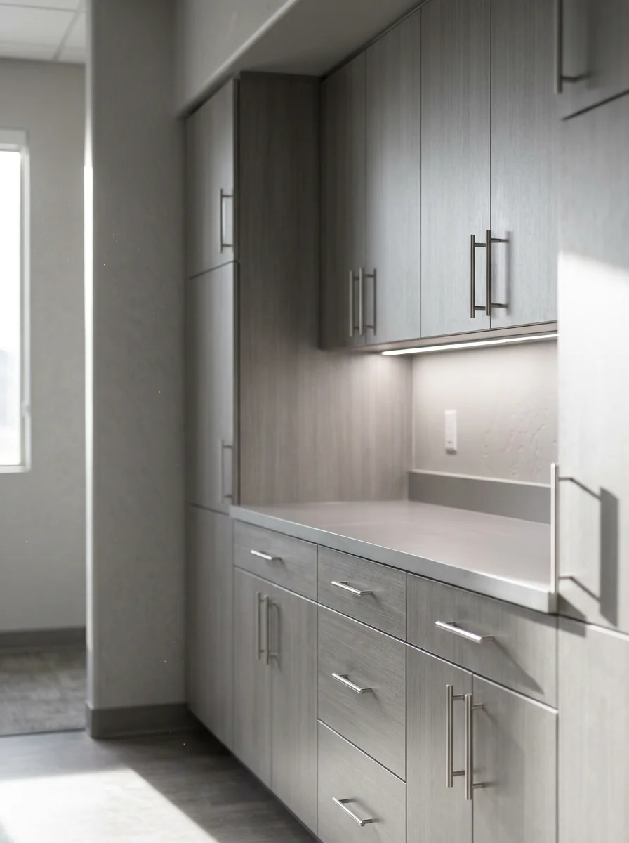 Custom commercial cabinetry with gray laminate finish installed in a Meridian, Idaho medical office suite, showing built-in storage and countertop workspace along a full wall.
