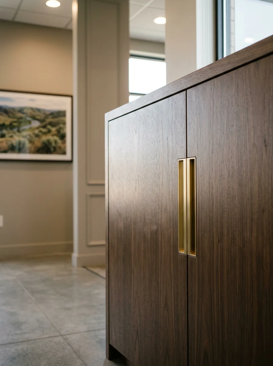Close-up of custom-built commercial cabinetry with dark finish installed in a Nampa, Idaho office buildout, showing flush doors and integrated hardware.