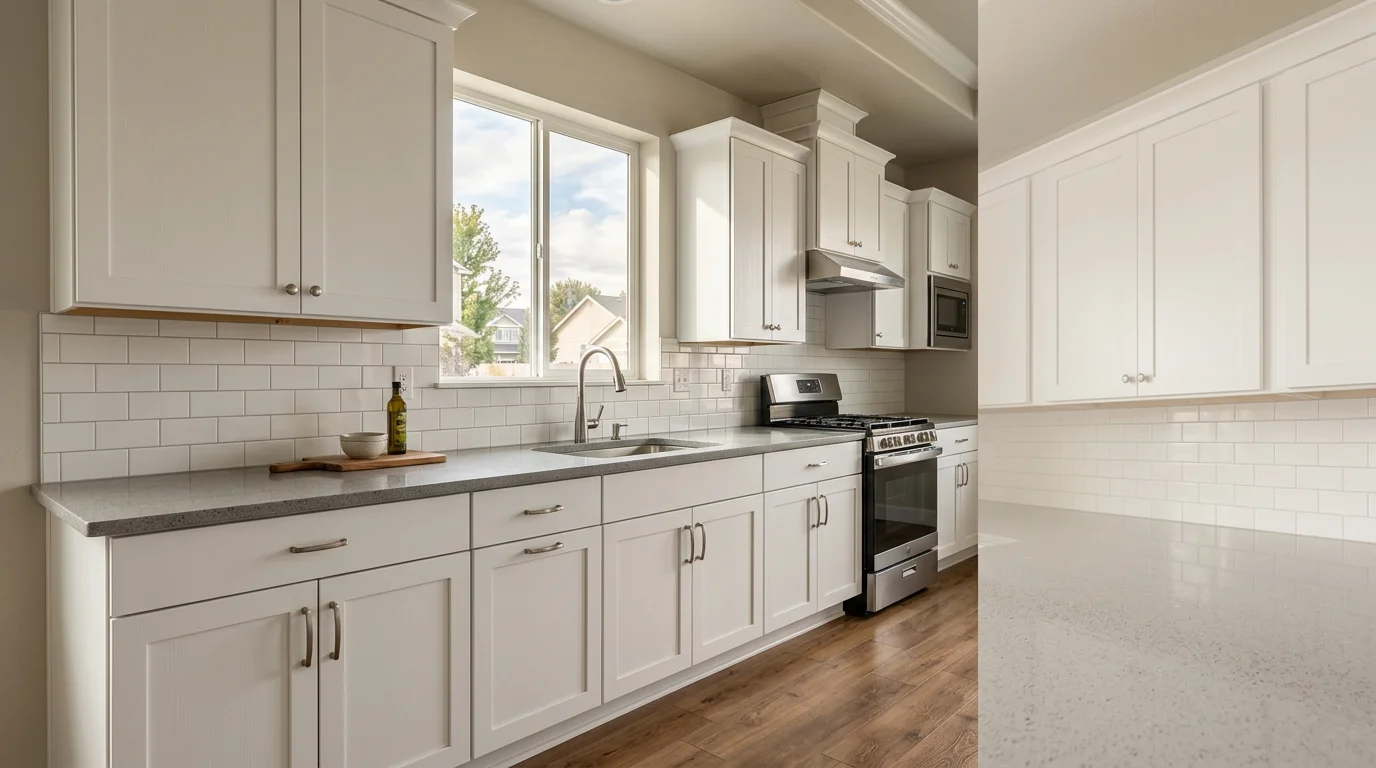 Freshly installed white shaker RTA kitchen cabinets with quartz countertops in a Nampa, Idaho residential home, showing full upper and lower cabinet runs.