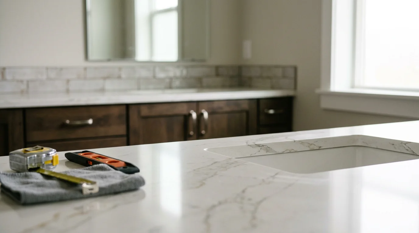 Finished bathroom vanity countertop installation in a Nampa home, showing a clean undermount sink cutout and smooth stone surface on a wood cabinet. The countertop edge profile is crisp and level, with no visible gaps between the surface and the wall.