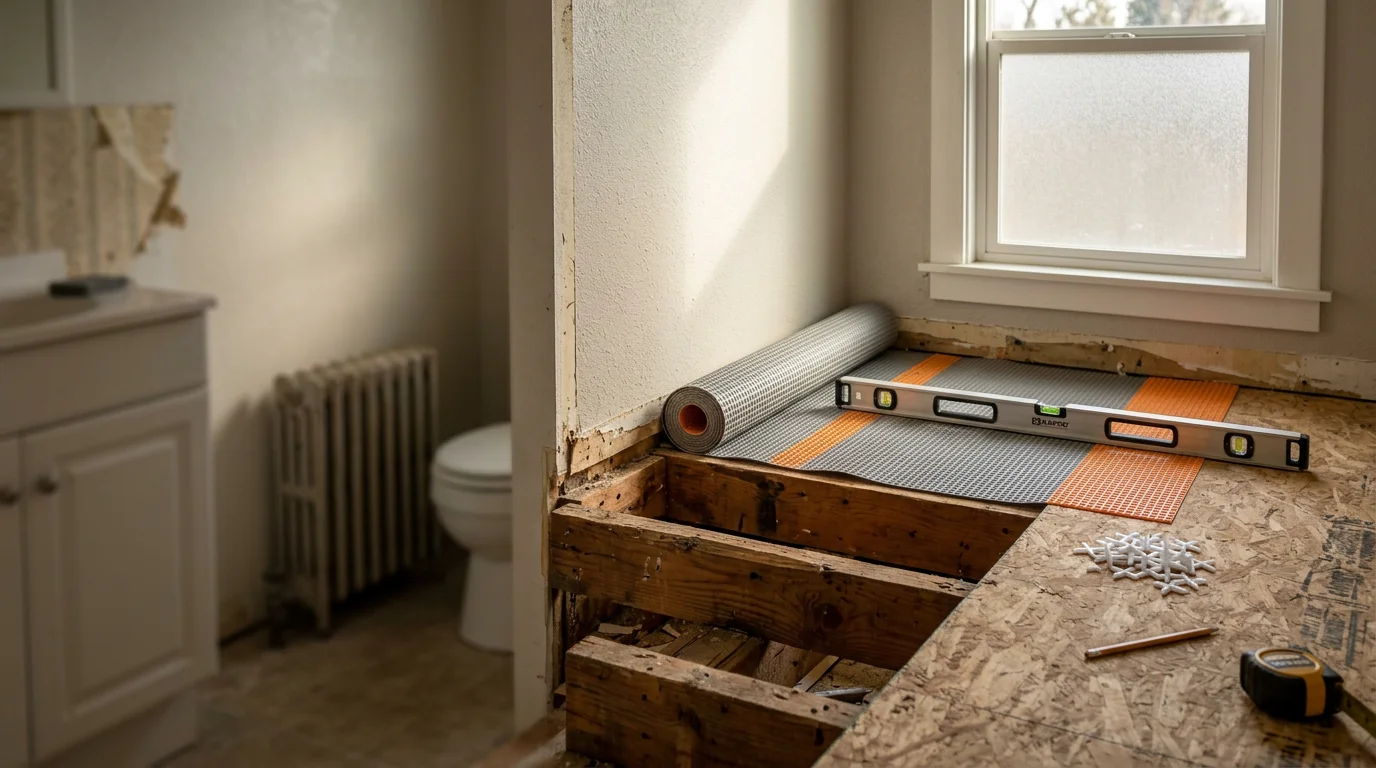 Freshly installed moisture-resistant bathroom floor in a Nampa Idaho home, showing clean edge transitions and a flat, even surface from wall to wall. The bathroom features updated flooring that replaces worn original material in a mid-century residential layout.