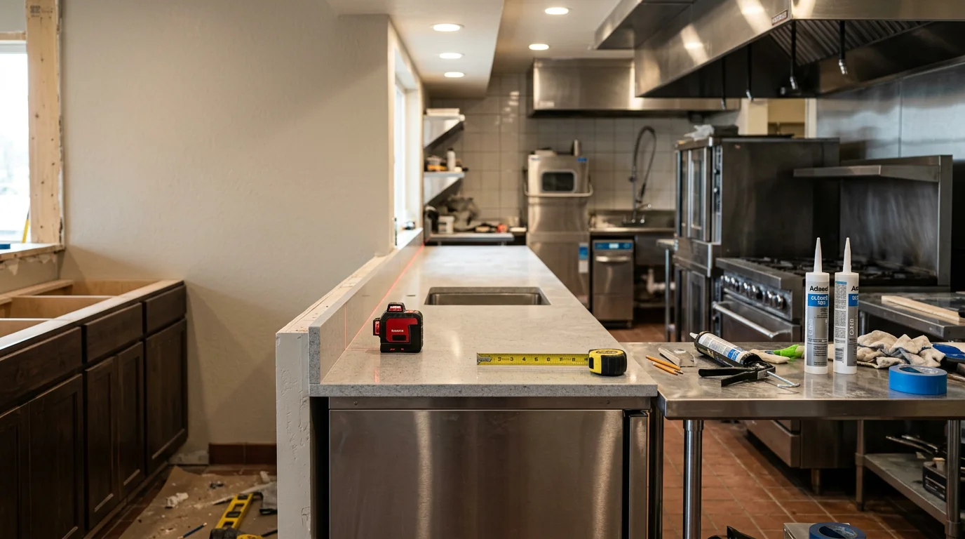Finished commercial countertop installation inside a Nampa business, showing a smooth, seamless surface fitted around commercial equipment. Wide-angle view highlights the precision fit along the walls and cutouts.