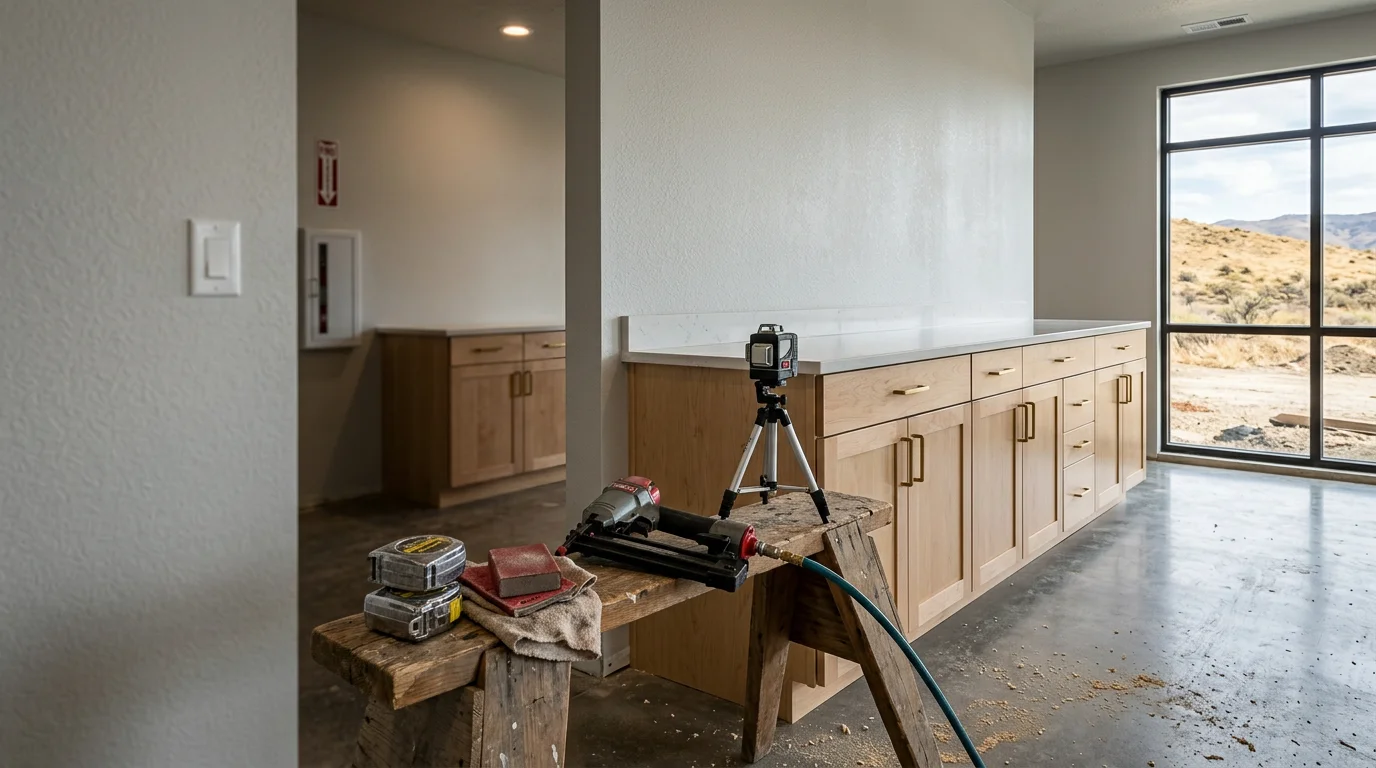 Custom commercial cabinetry installed in a professional office or clinic space in Nampa, Idaho, showing built-to-dimension wall cabinets and workstation storage with clean, finished joinery.