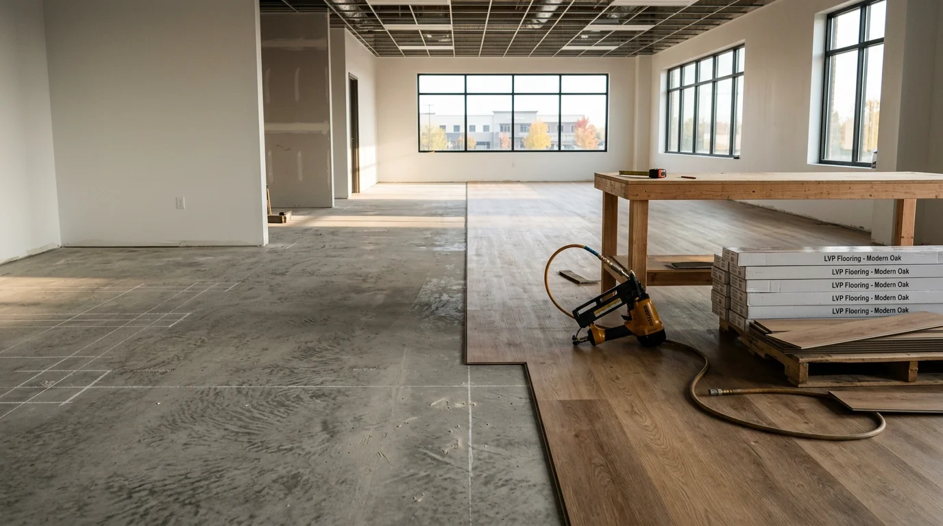 Freshly installed commercial luxury vinyl plank flooring in an open-plan office space in Nampa, Idaho, with clean seams and uniform finish across a large floor area.