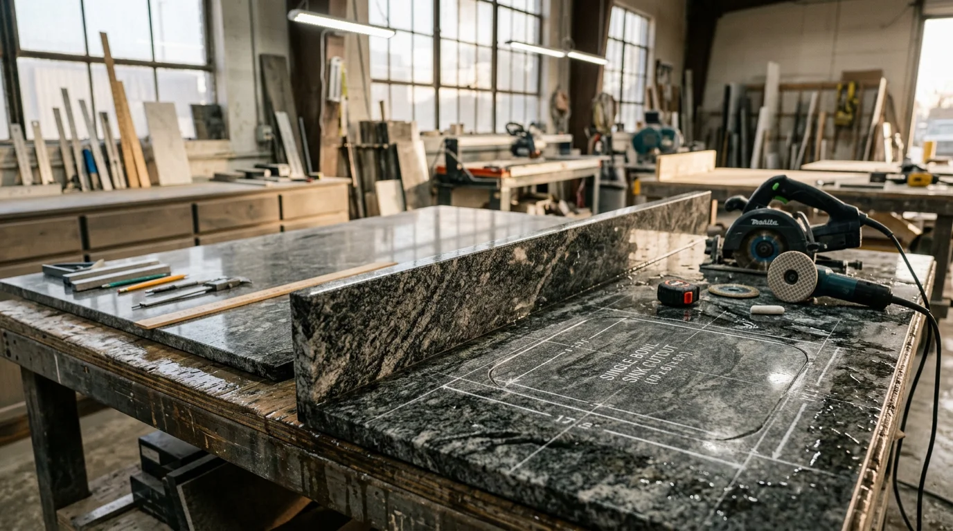 Freshly fabricated granite countertop with a custom edge profile installed in a Nampa kitchen, showing precise sink cutout and tight seam alignment against white shaker cabinets. Stone slab surface reflects natural veining under overhead lighting in a Treasure Valley home remodel.