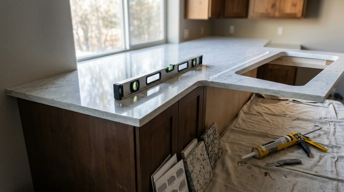Newly installed granite countertop in a Nampa kitchen, showing a clean eased edge profile and precise sink cutout with cabinet faces flush to the surface. Natural light from a window highlights the stone grain and tight seam work along the backsplash line.