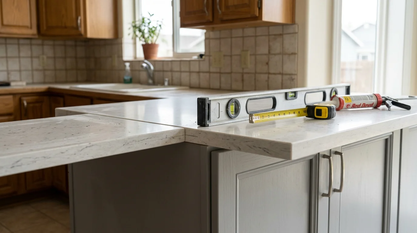 Newly replaced kitchen countertop in a Nampa, Idaho home showing a clean stone surface fitted to white shaker cabinets with a polished eased edge and undermount sink cutout. The finished kitchen reflects a complete countertop replacement by River City Cabinetry serving the Treasure Valley area.