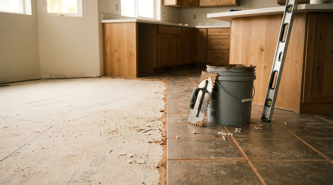 Newly installed tile kitchen floor in a Nampa, Idaho home, showing clean grout lines and a smooth transition at the base of wood cabinetry. The kitchen includes a sink area and open floor plan typical of Treasure Valley residential construction.