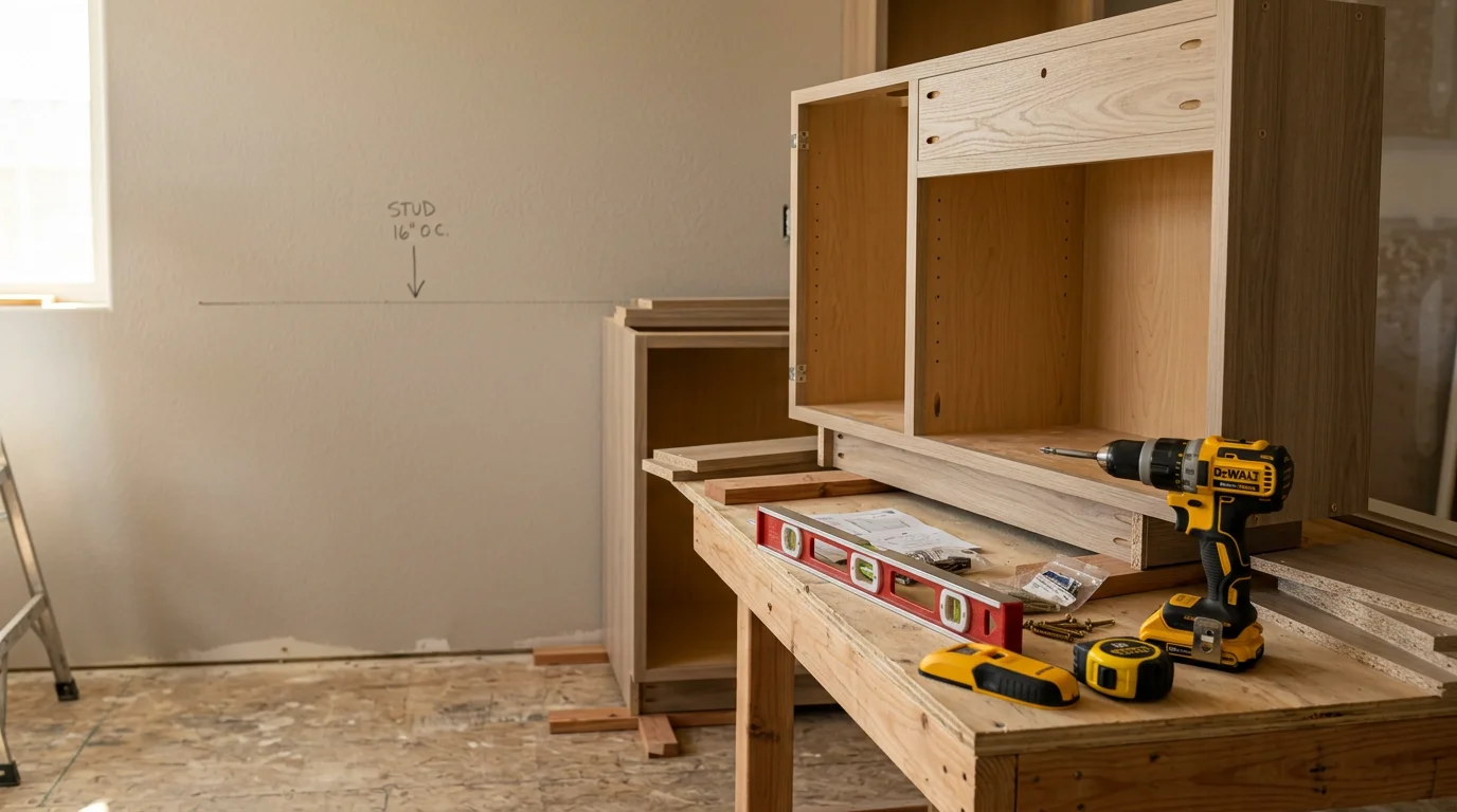 Freshly installed ready-to-assemble kitchen cabinets in a Nampa home, showing level upper and base cabinet runs with aligned doors and clean corner joints.