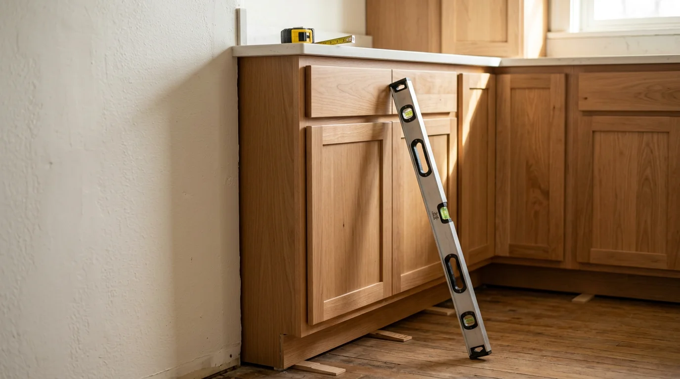 Newly installed residential kitchen cabinets in a Nampa, Idaho home, showing level upper and lower boxes with flush doors and consistent reveals. The open-plan kitchen layout reflects the style common in South Nampa subdivisions.