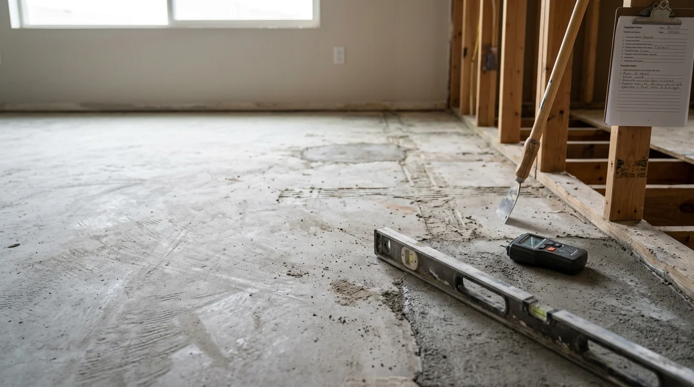 A flooring contractor inspecting and leveling a wood subfloor in a Nampa home before new flooring installation. The subfloor surface is cleared and being assessed for soft spots and unevenness.