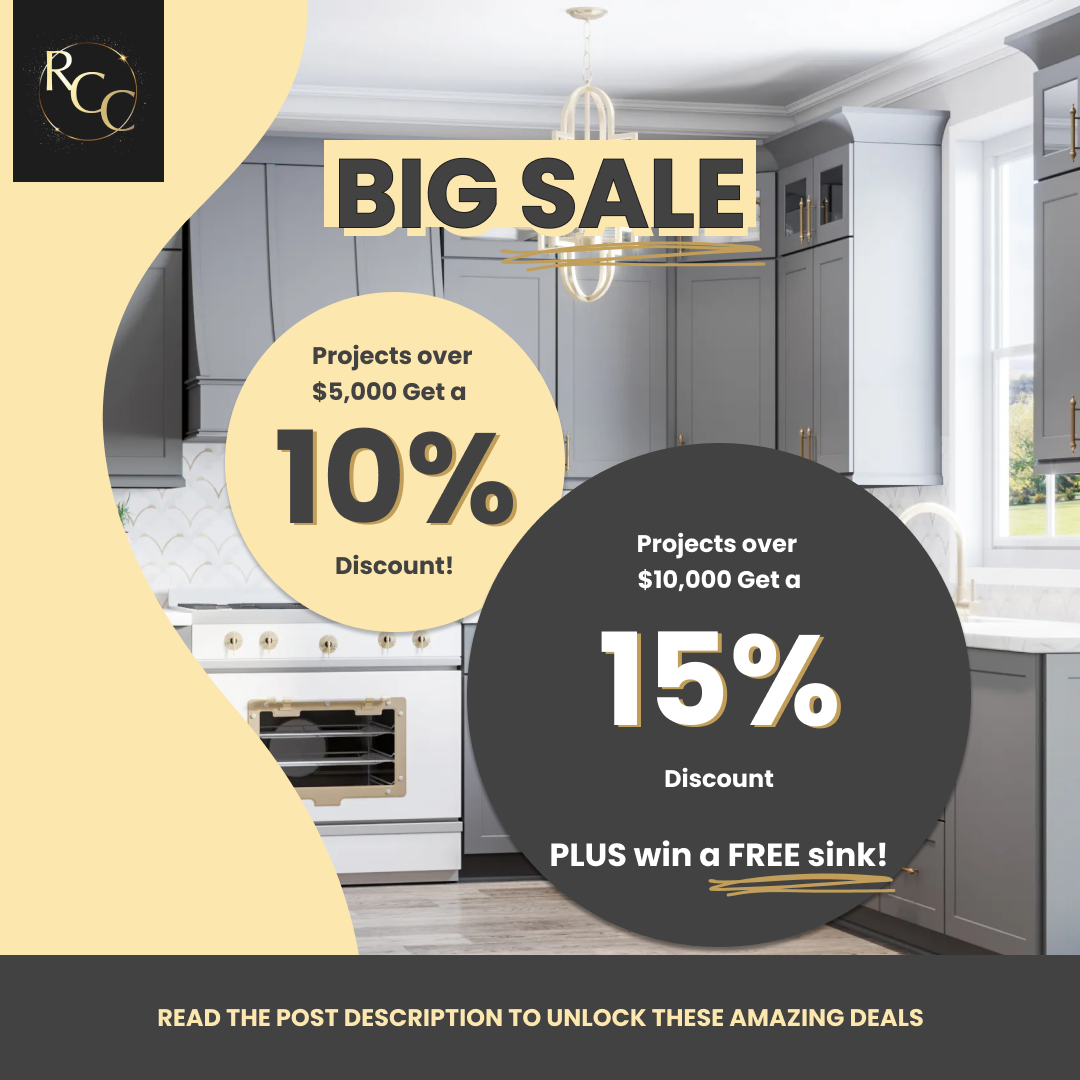 cabinet discount on projects over $5,000 get a 10% discount and for projects over $10,000 get a 15% discount plus win a free sink!